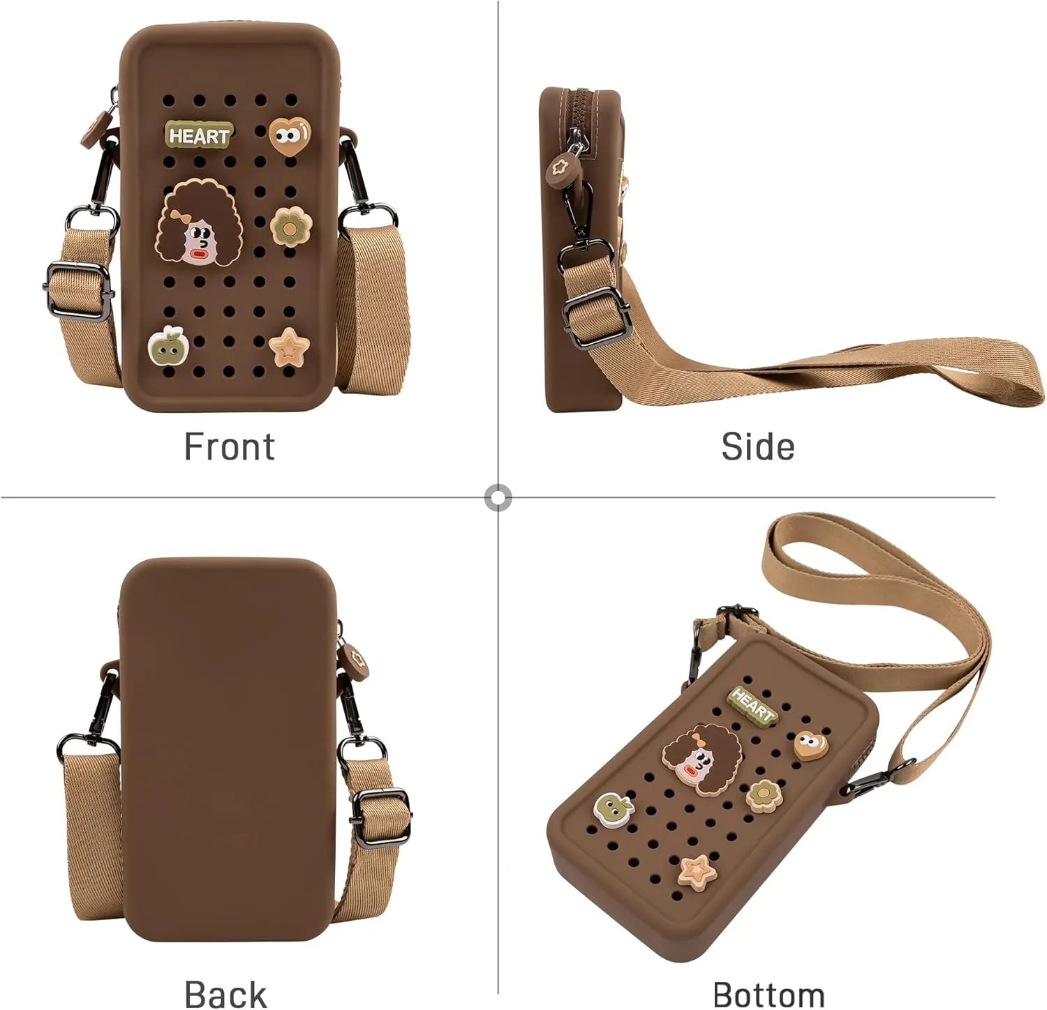 Candy Small Crossbody Bag with Wide Shoulder Strap and Larger Holes for Charms – Adjustable, Stylish, and Comfortable Everyday Bag (Brown)
