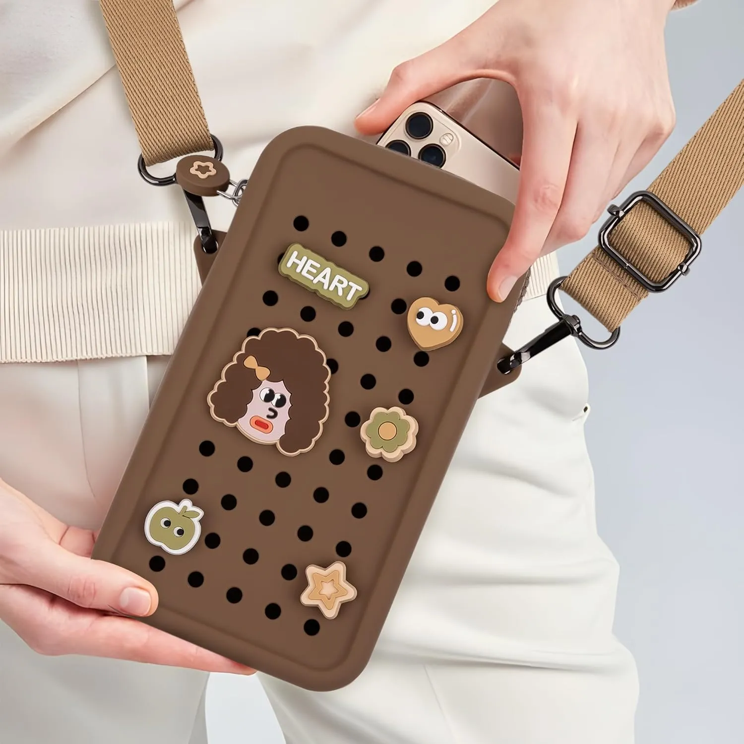Candy Small Crossbody Bag with Wide Shoulder Strap and Larger Holes for Charms – Adjustable, Stylish, and Comfortable Everyday Bag (Brown)