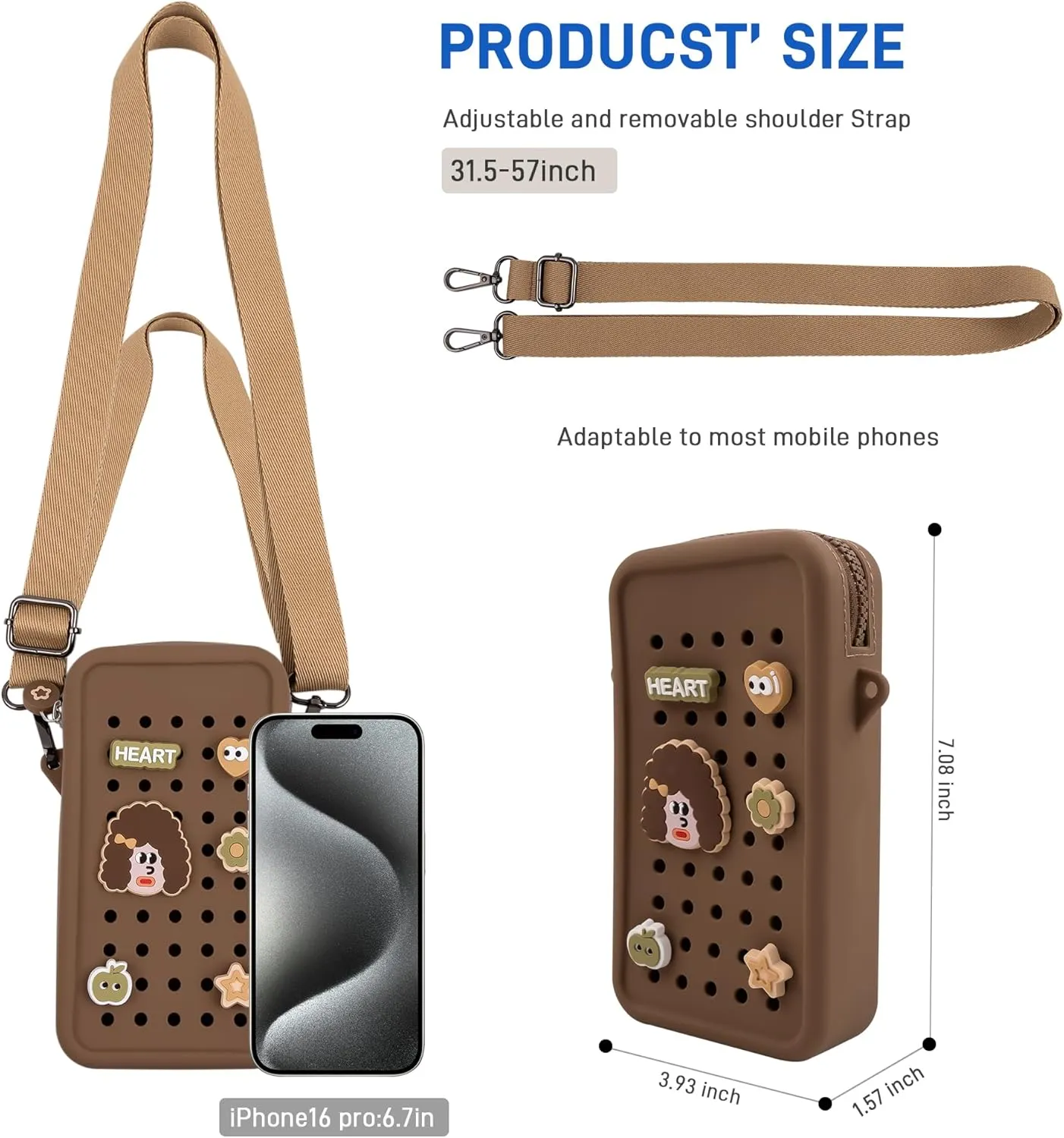 Candy Small Crossbody Bag with Wide Shoulder Strap and Larger Holes for Charms – Adjustable, Stylish, and Comfortable Everyday Bag (Brown)