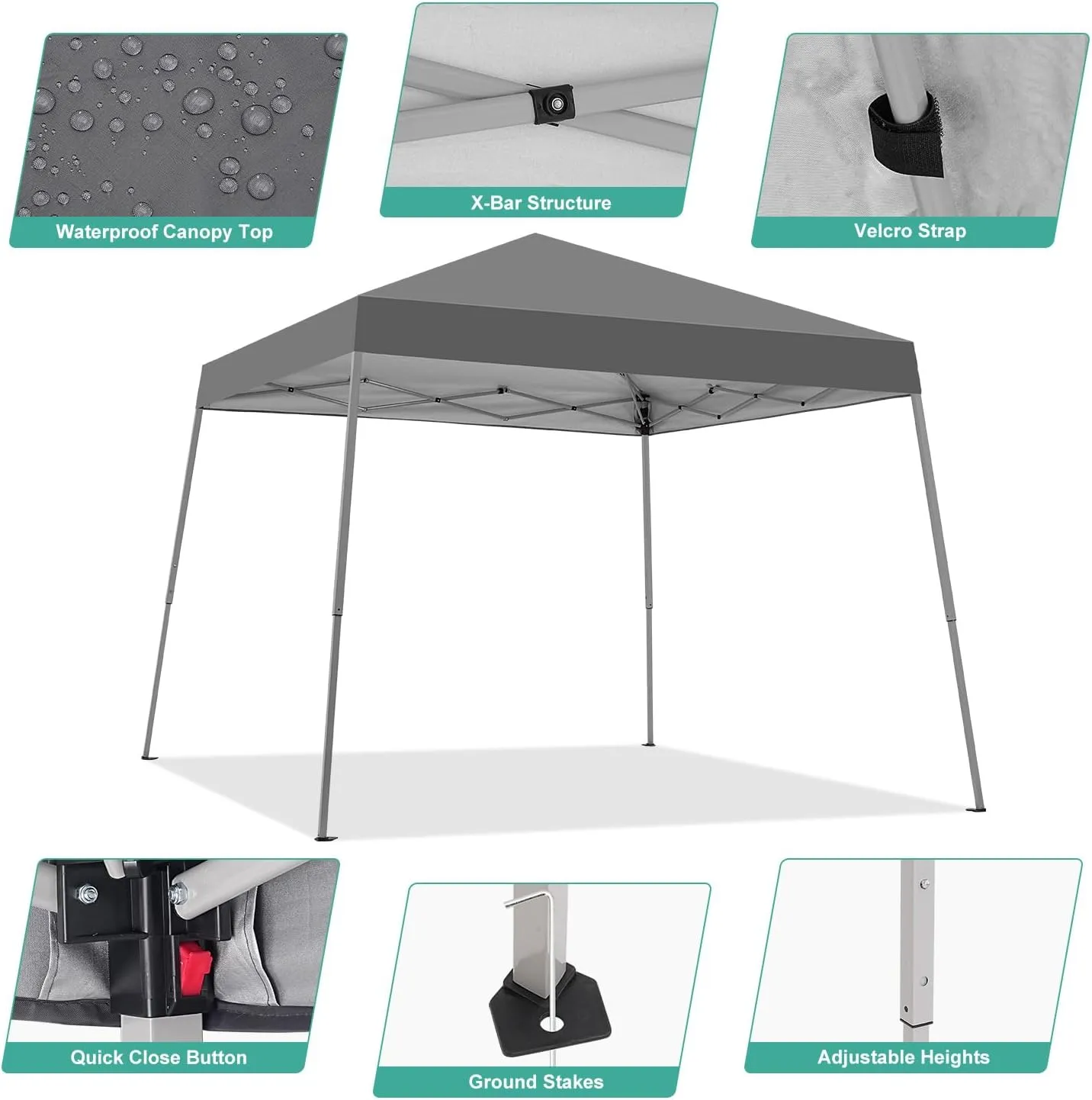 Canopy Tent, 10X10 FT Pop Up Canopy Outdoor Instant Tent Slant Legs with Carrying Bag, Portable Gazebo Shelter for Patio Deck Garden and Beach - 8X8 FT Canopy Cover (Dark Grey)