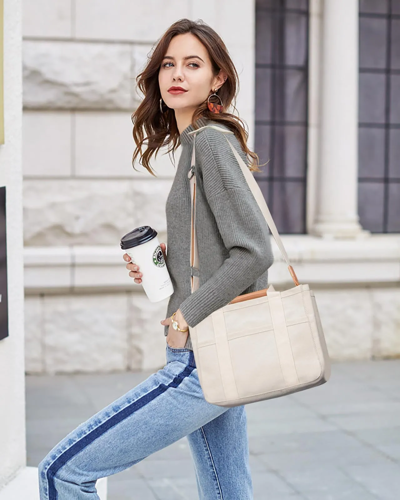 Canvas Tote Bag with Multi-Pocket and Compartments
