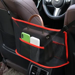Car Net Pocket Handbag Holder Between Seats Back Storage Organizer Purse Holder for Console Front Seat Storage Barrier (Red Car Organizer Storage)