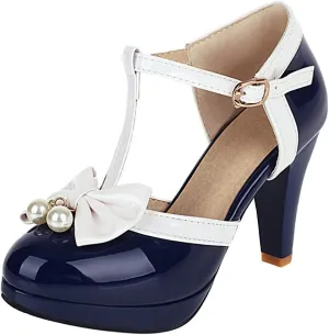 Caradise Womens T Strap Mary Jane Platform Heels Bow Heels Vintage Rockabilly Shoes