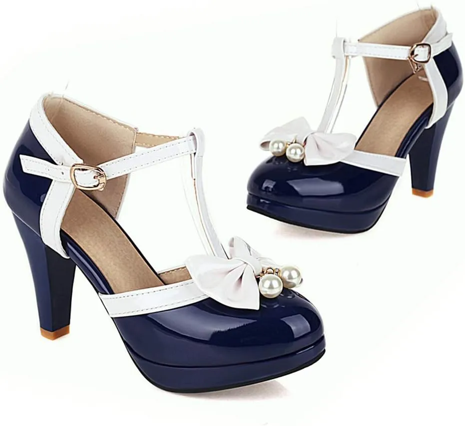 Caradise Womens T Strap Mary Jane Platform Heels Bow Heels Vintage Rockabilly Shoes