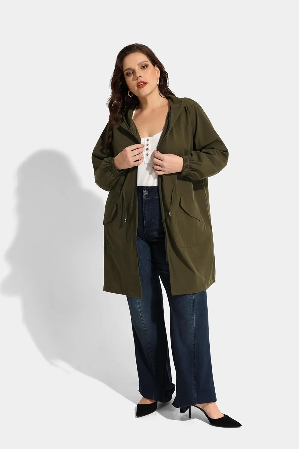 CARCOS Women Plus Size Raincoat Lightweight Waterproof Rain Jacket Travel Hooded Trench Coat XL-5XL