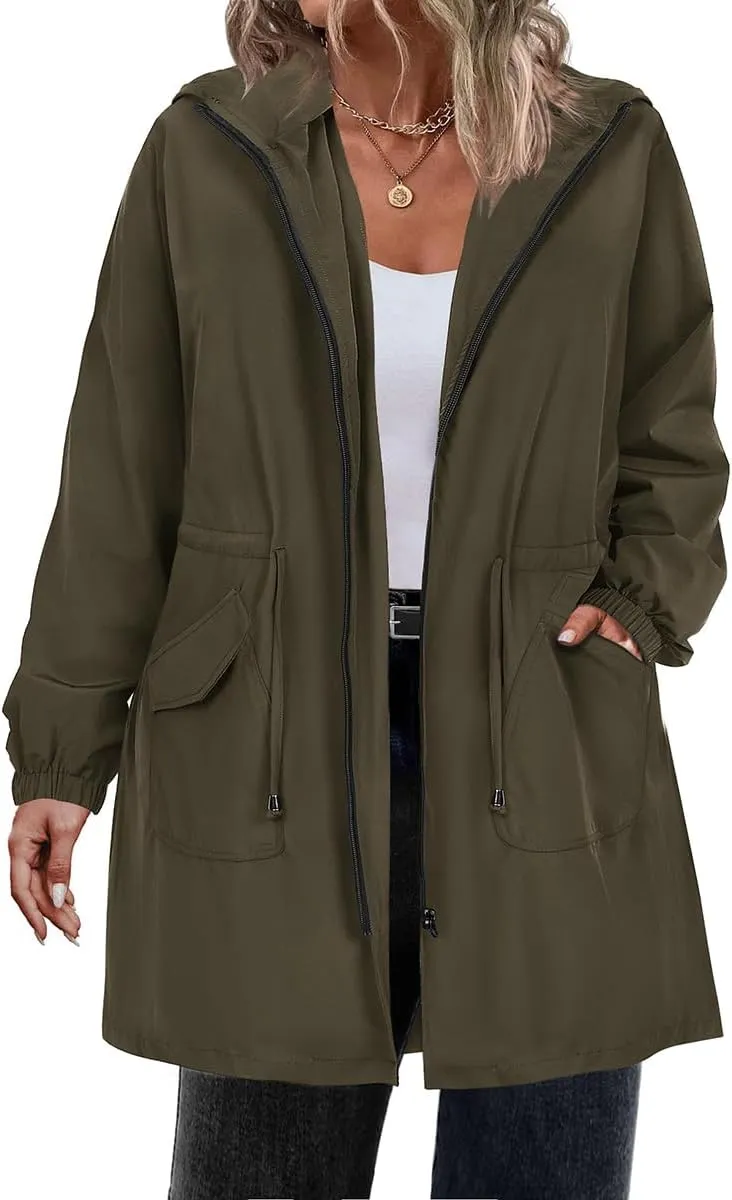 CARCOS Women Plus Size Raincoat Lightweight Waterproof Rain Jacket Travel Hooded Trench Coat XL-5XL