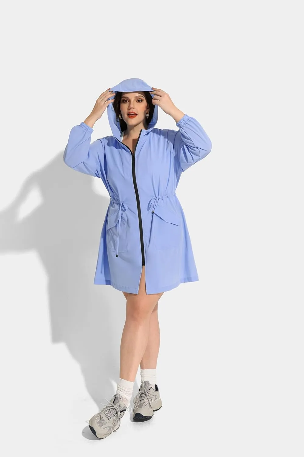 CARCOS Women Plus Size Raincoat Lightweight Waterproof Rain Jacket Travel Hooded Trench Coat XL-5XL