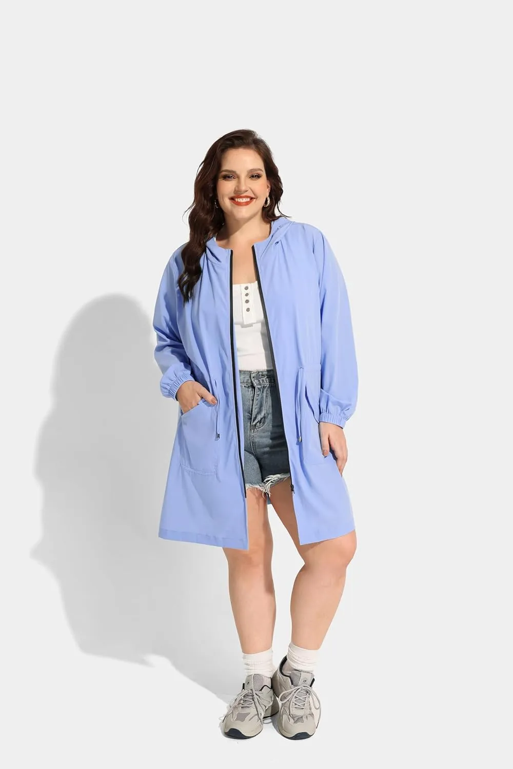 CARCOS Women Plus Size Raincoat Lightweight Waterproof Rain Jacket Travel Hooded Trench Coat XL-5XL