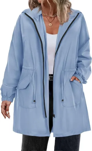 CARCOS Women Plus Size Raincoat Lightweight Waterproof Rain Jacket Travel Hooded Trench Coat XL-5XL