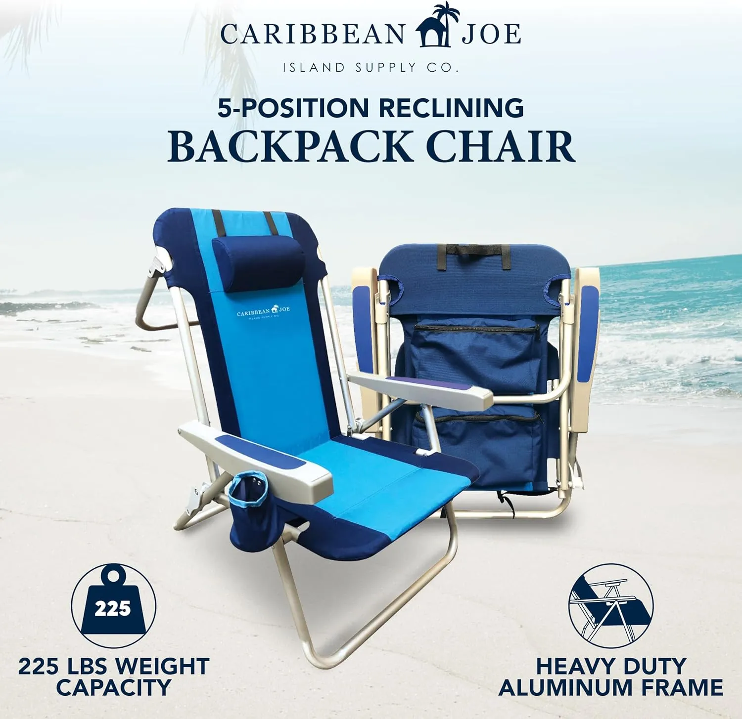 CARIBBEAN JOE Folding Beach Chair, 5 Position Portable Backpack Foldable Camping Chair with Headrest, Cup Holder, and Armrests, Navy/Blue
