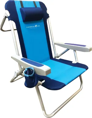 CARIBBEAN JOE Folding Beach Chair, 5 Position Portable Backpack Foldable Camping Chair with Headrest, Cup Holder, and Armrests, Navy/Blue