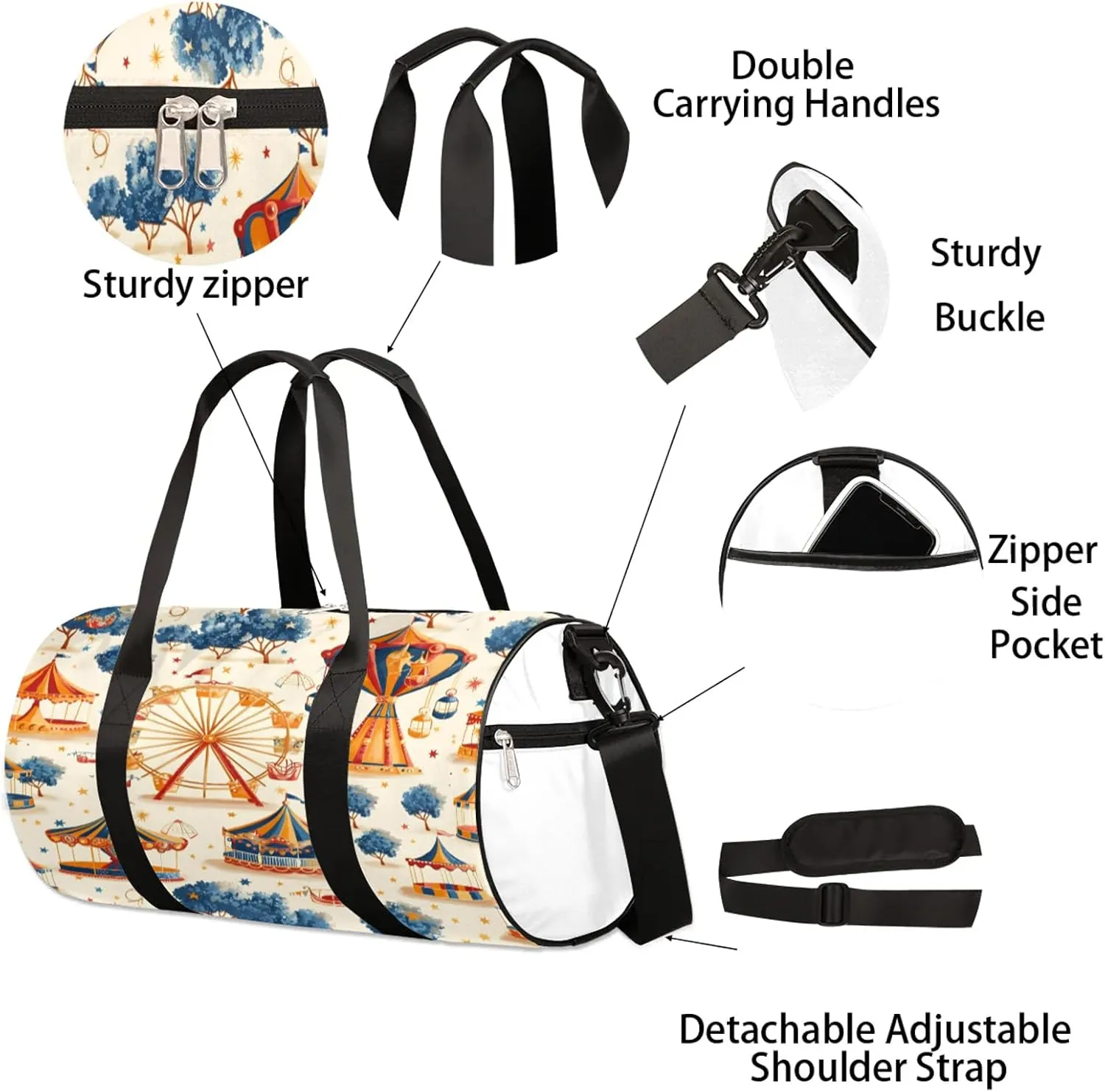 Carnival Amusement Park Sports Gym Bag for Men Women Lightweight Travel Duffle Bag with Shoulder Strap Waterproof Carry On Weekender Overnight Bag for Travel Sports Gym