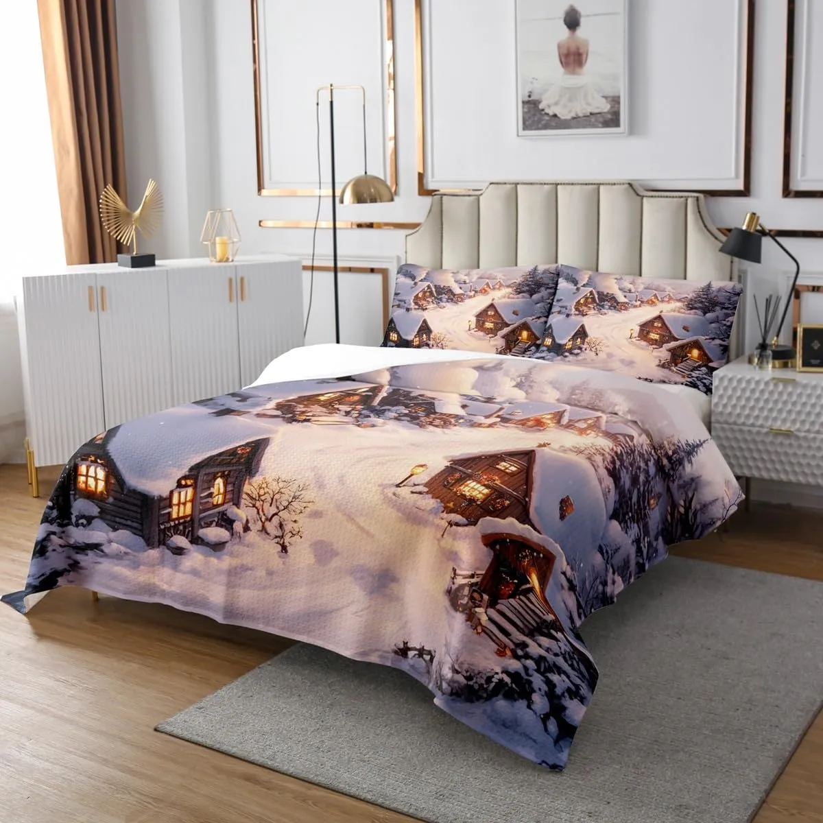 Castle Fairy Farmhouse Bedspread Winter Theme Christmas Rustic Style Bedding Set for Kids Teens Adults Retro Wood Cabin Jungle Pine Tree Coverlet Set with 2 Pillowcases King Size 3 Pcs