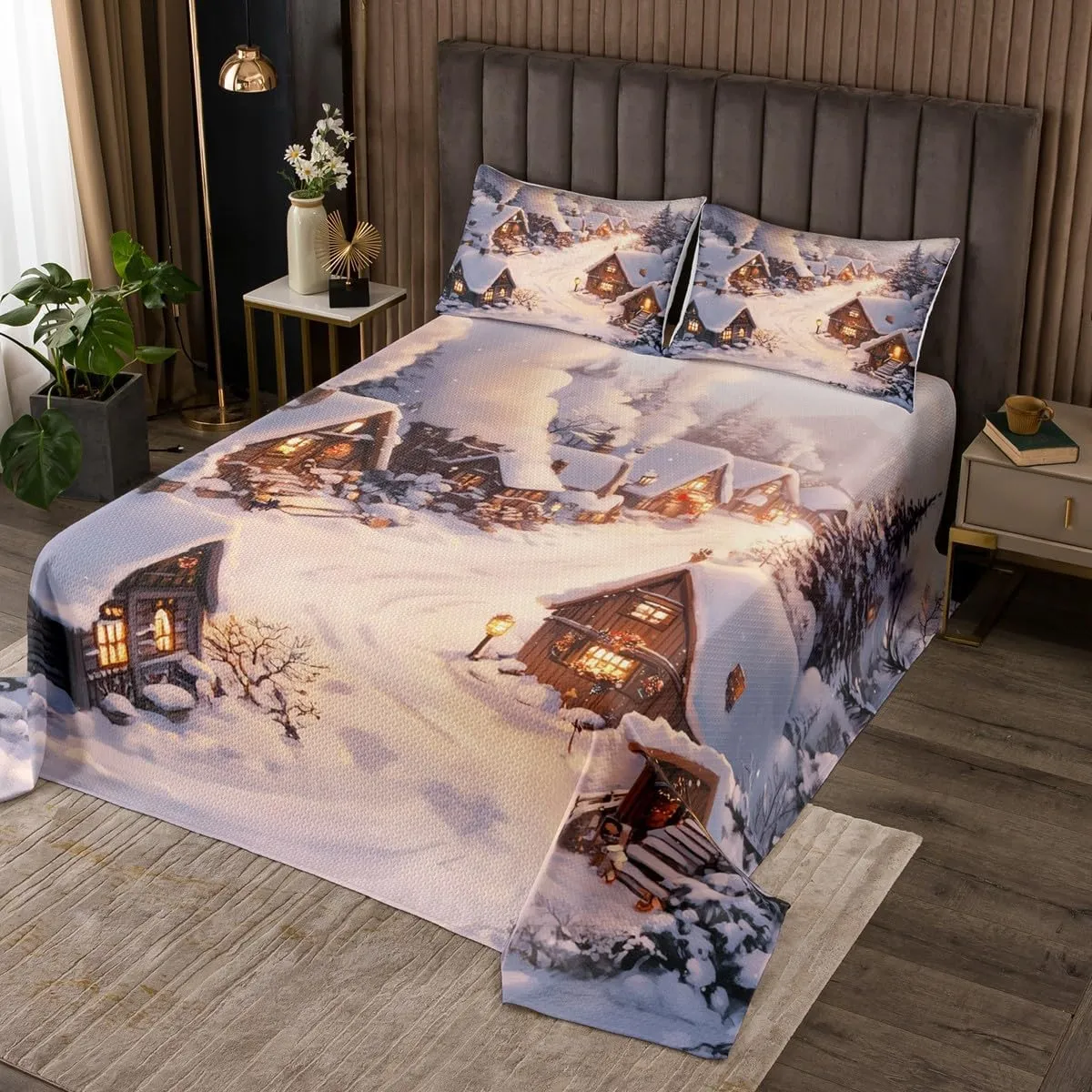Castle Fairy Farmhouse Bedspread Winter Theme Christmas Rustic Style Bedding Set for Kids Teens Adults Retro Wood Cabin Jungle Pine Tree Coverlet Set with 2 Pillowcases King Size 3 Pcs