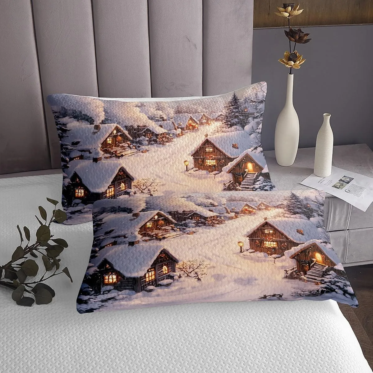 Castle Fairy Farmhouse Bedspread Winter Theme Christmas Rustic Style Bedding Set for Kids Teens Adults Retro Wood Cabin Jungle Pine Tree Coverlet Set with 2 Pillowcases King Size 3 Pcs