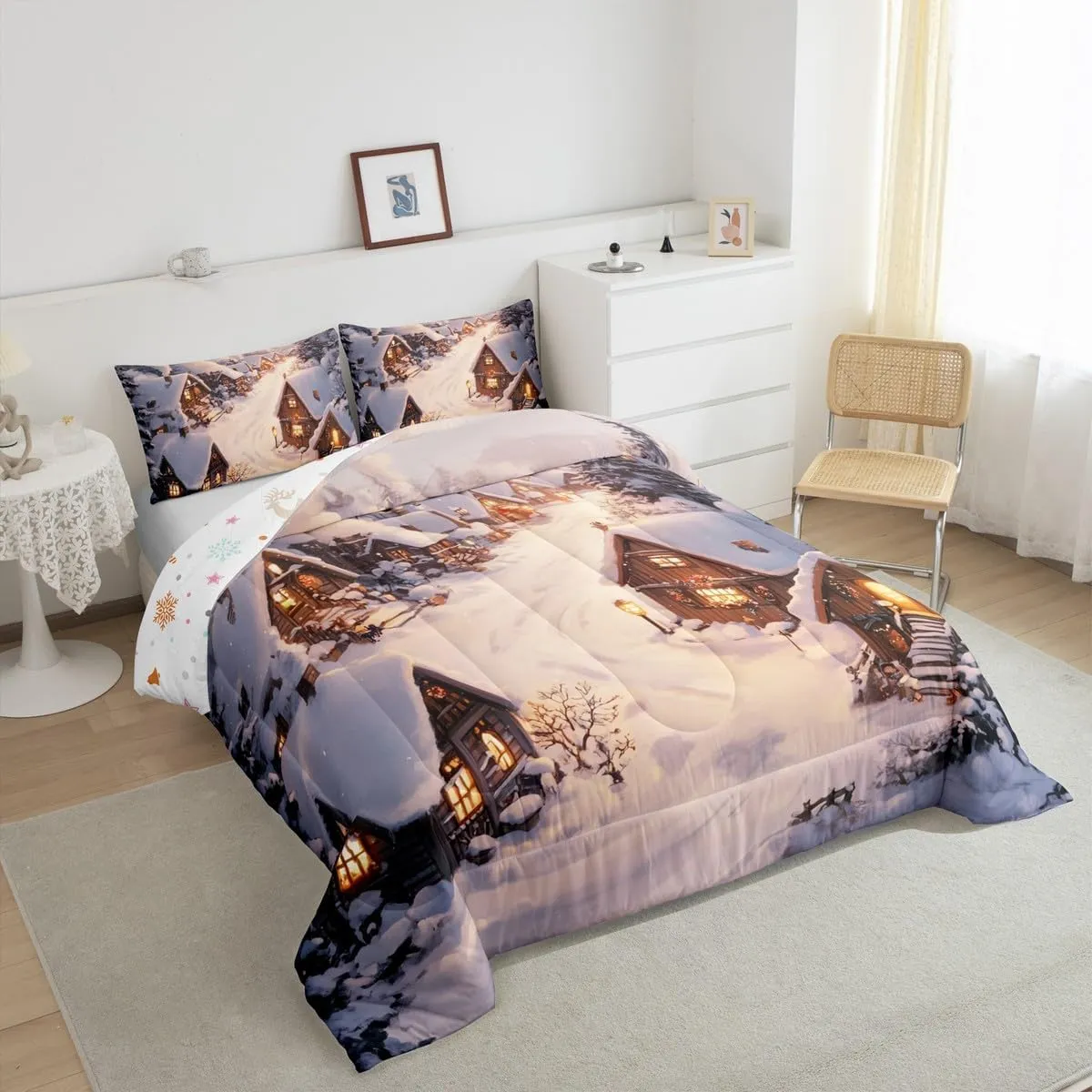 Castle Fairy Farmhouse Comforter Set Winter Theme Christmas Rustic Style Bedding Sets for Kids Teens Adults Retro Wood Cabin Jungle Pine Tree Comforter Duvet Set with 1 Pillowcase Twin Size 2 Pcs