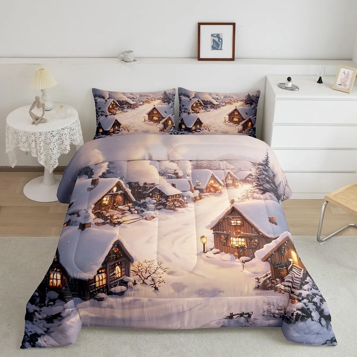 Castle Fairy Farmhouse Comforter Set Winter Theme Christmas Rustic Style Bedding Sets for Kids Teens Adults Retro Wood Cabin Jungle Pine Tree Comforter Duvet Set with 1 Pillowcase Twin Size 2 Pcs