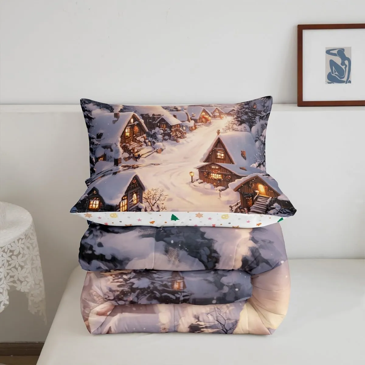Castle Fairy Farmhouse Comforter Set Winter Theme Christmas Rustic Style Bedding Sets for Kids Teens Adults Retro Wood Cabin Jungle Pine Tree Comforter Duvet Set with 1 Pillowcase Twin Size 2 Pcs