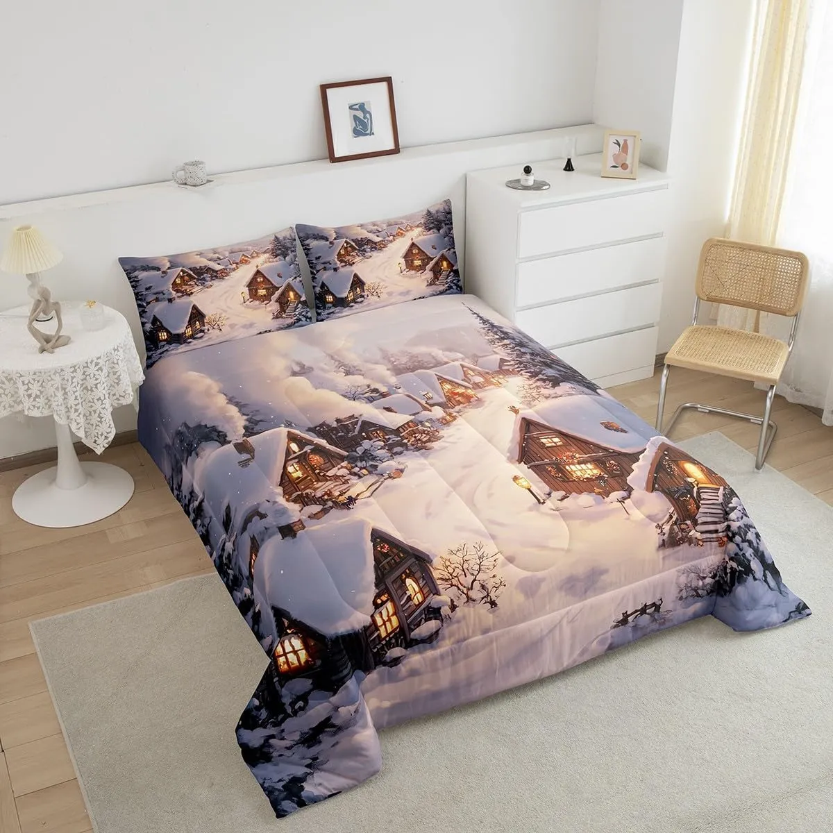 Castle Fairy Farmhouse Comforter Set Winter Theme Christmas Rustic Style Bedding Sets for Kids Teens Adults Retro Wood Cabin Jungle Pine Tree Comforter Duvet Set with 1 Pillowcase Twin Size 2 Pcs