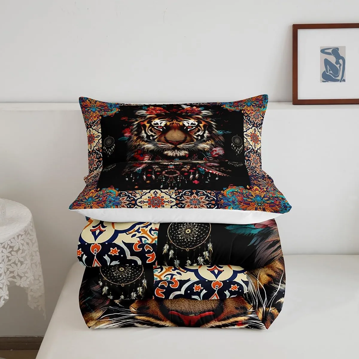 Castle Fairy Tiger Comforter Set,Mandala Pattern Bedding Set for Kids Girls Women,Adults Boho Dreamcatcher Comforter,Retro Tribal Style Quilted Duvet Set Bedroom Collection Twin Size 2Pcs