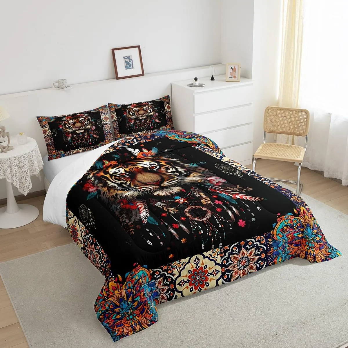 Castle Fairy Tiger Comforter Set,Mandala Pattern Bedding Set for Kids Girls Women,Adults Boho Dreamcatcher Comforter,Retro Tribal Style Quilted Duvet Set Bedroom Collection Twin Size 2Pcs