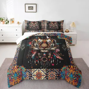 Castle Fairy Tiger Comforter Set,Mandala Pattern Bedding Set for Kids Girls Women,Adults Boho Dreamcatcher Comforter,Retro Tribal Style Quilted Duvet Set Bedroom Collection Twin Size 2Pcs
