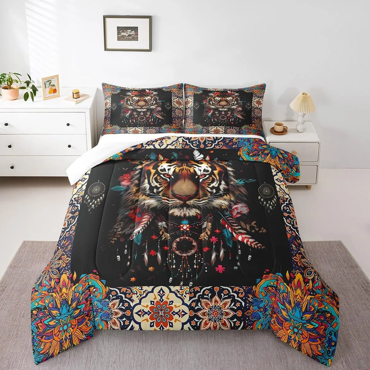 Castle Fairy Tiger Comforter Set,Mandala Pattern Bedding Set for Kids Girls Women,Adults Boho Dreamcatcher Comforter,Retro Tribal Style Quilted Duvet Set Bedroom Collection Twin Size 2Pcs