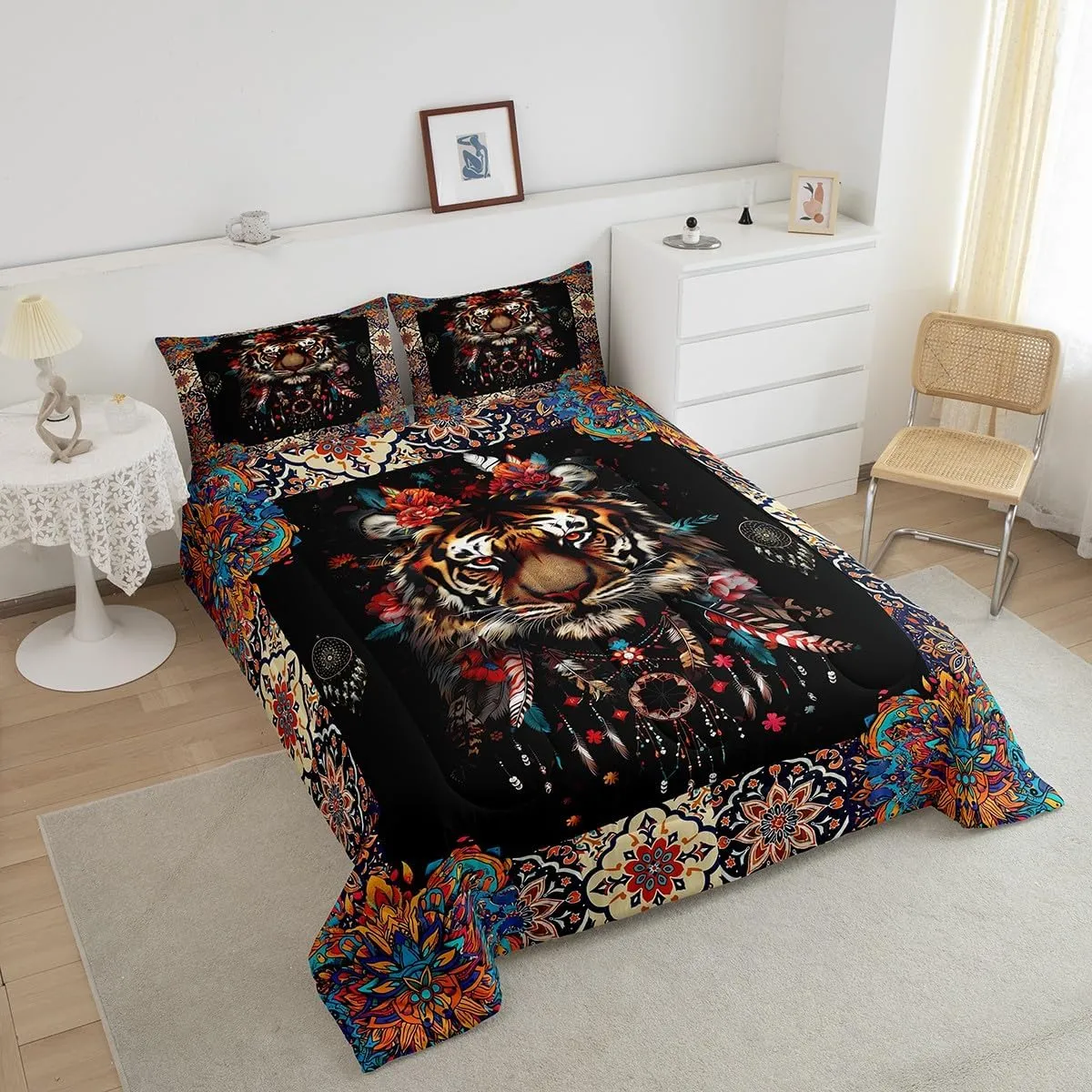 Castle Fairy Tiger Comforter Set,Mandala Pattern Bedding Set for Kids Girls Women,Adults Boho Dreamcatcher Comforter,Retro Tribal Style Quilted Duvet Set Bedroom Collection Twin Size 2Pcs