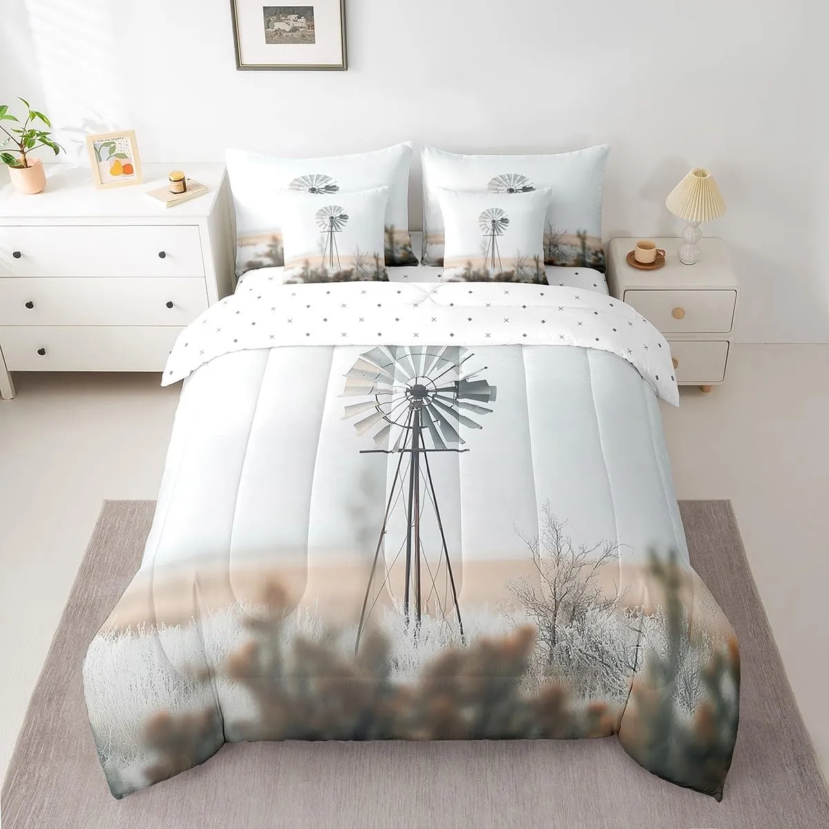 Castle Fairy Windmill Comforter Set for Room Decor,Retro Rustic Farmhouse Bedding Set Queen Size 7 Pcs,Western Countryside Rural Bed in a Bag with Comforter, Sheets, Pillowcases & Cushion Cover