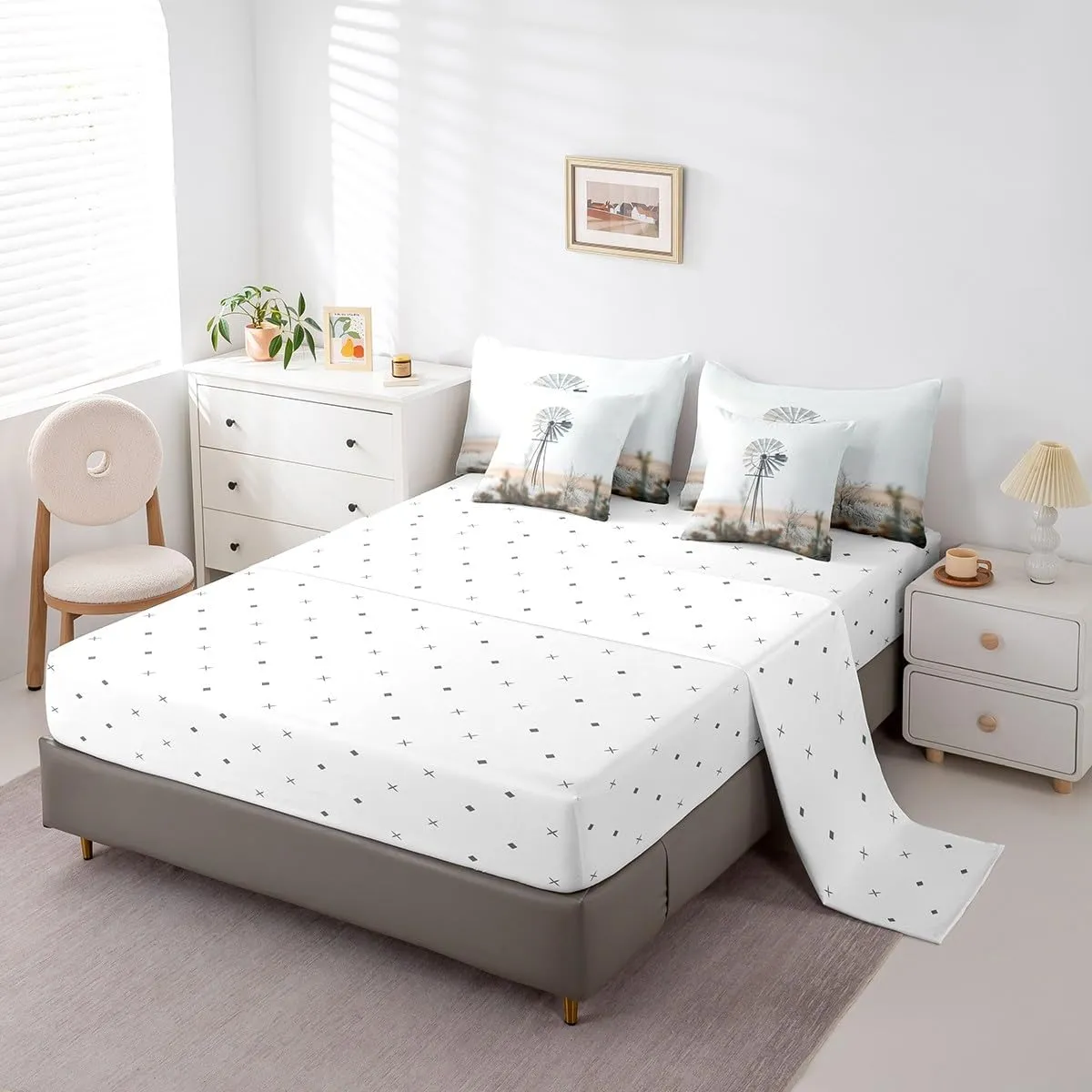 Castle Fairy Windmill Comforter Set for Room Decor,Retro Rustic Farmhouse Bedding Set Queen Size 7 Pcs,Western Countryside Rural Bed in a Bag with Comforter, Sheets, Pillowcases & Cushion Cover