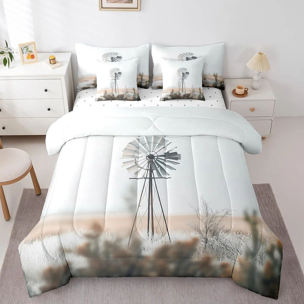 Castle Fairy Windmill Comforter Set for Room Decor,Retro Rustic Farmhouse Bedding Set Queen Size 7 Pcs,Western Countryside Rural Bed in a Bag with Comforter, Sheets, Pillowcases & Cushion Cover