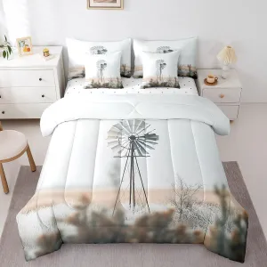 Castle Fairy Windmill Comforter Set for Room Decor,Retro Rustic Farmhouse Bedding Set Queen Size 7 Pcs,Western Countryside Rural Bed in a Bag with Comforter, Sheets, Pillowcases & Cushion Cover