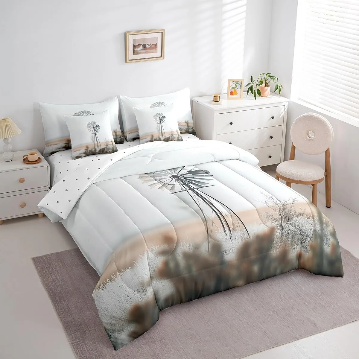 Castle Fairy Windmill Comforter Set for Room Decor,Retro Rustic Farmhouse Bedding Set Queen Size 7 Pcs,Western Countryside Rural Bed in a Bag with Comforter, Sheets, Pillowcases & Cushion Cover