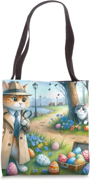 Cat Detective Investigates Missing Eggs In Park. Easter Case Tote Bag