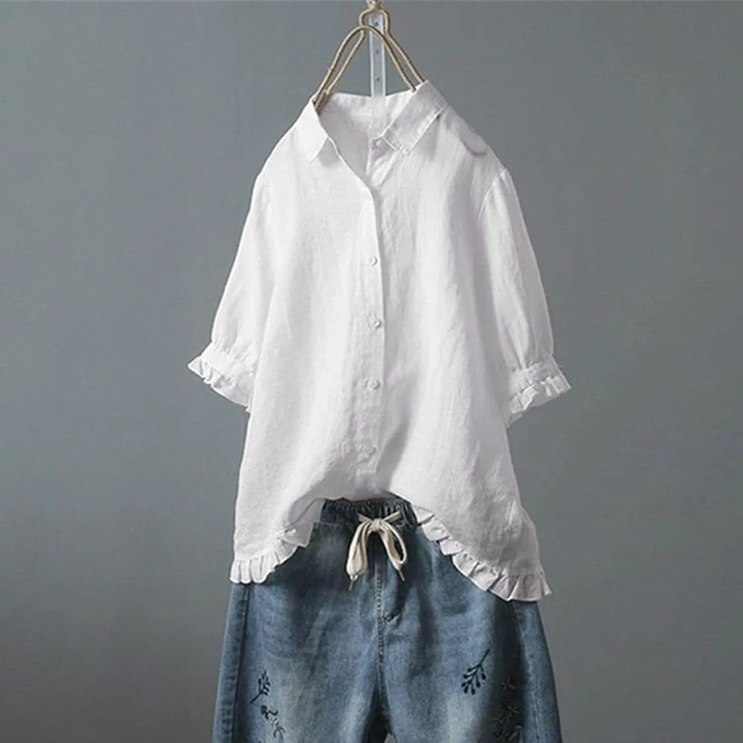Ceboyel Women Button Down Linen Shirts Solid Summer Casual Blouses Ruffle Hem Flowy Tops Trendy Ladies Going Out Clothes 2023