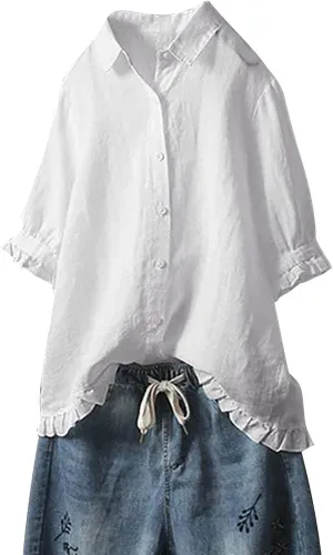 Ceboyel Women Button Down Linen Shirts Solid Summer Casual Blouses Ruffle Hem Flowy Tops Trendy Ladies Going Out Clothes 2023