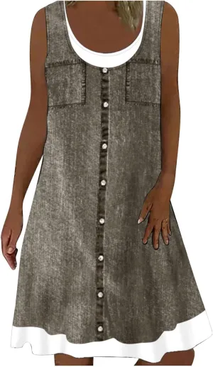 Ceboyel Women Denim Print Short Dress Sleeveless Tank Dresses Summer Causal Swing Tshirt Dress Trendy Beach Vacation Outfits