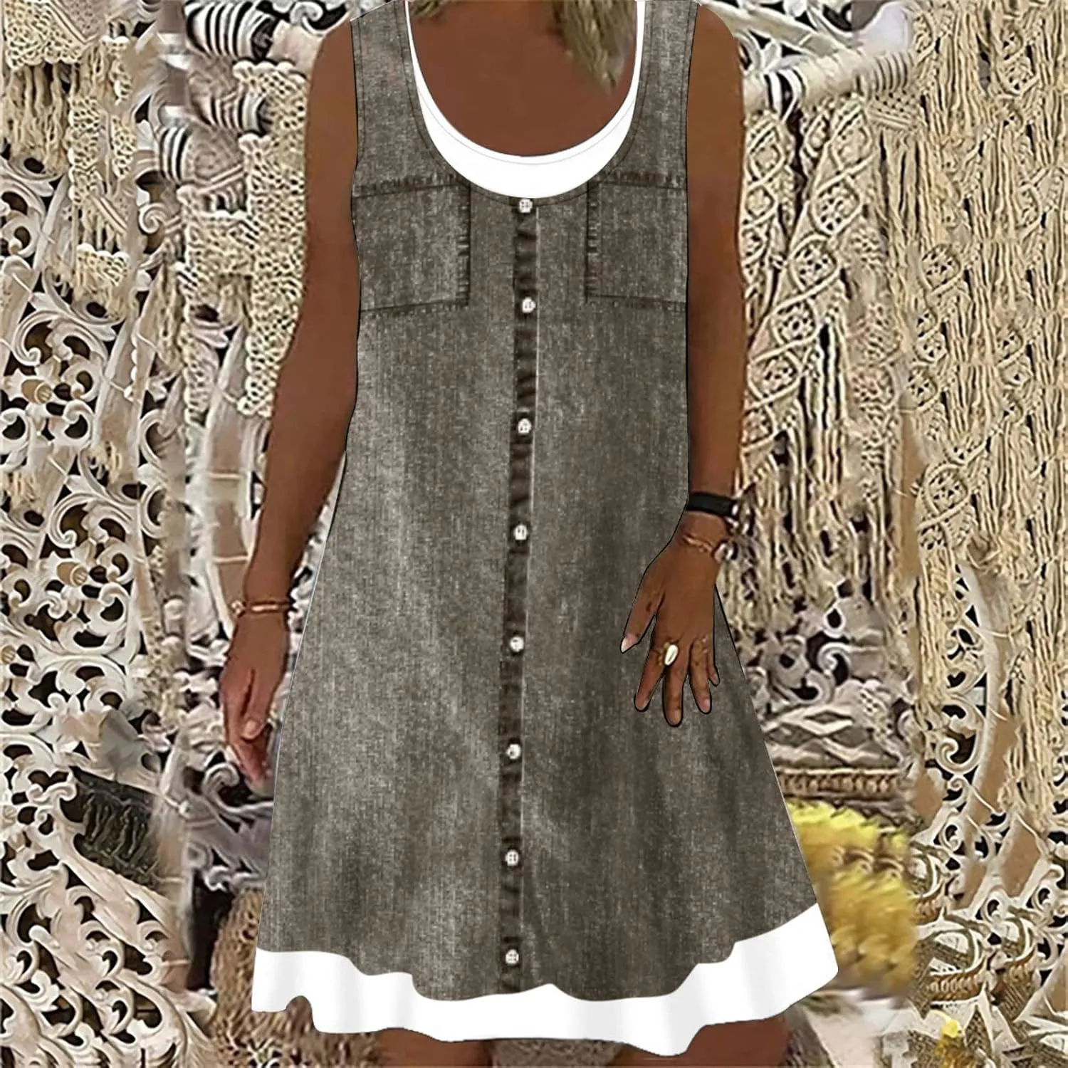 Ceboyel Women Denim Print Short Dress Sleeveless Tank Dresses Summer Causal Swing Tshirt Dress Trendy Beach Vacation Outfits