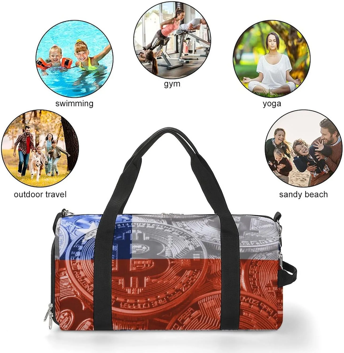 Chile Flag Bitcoin Sports Duffel Bag with Wet Pocket and Shoe Compartment for Gym