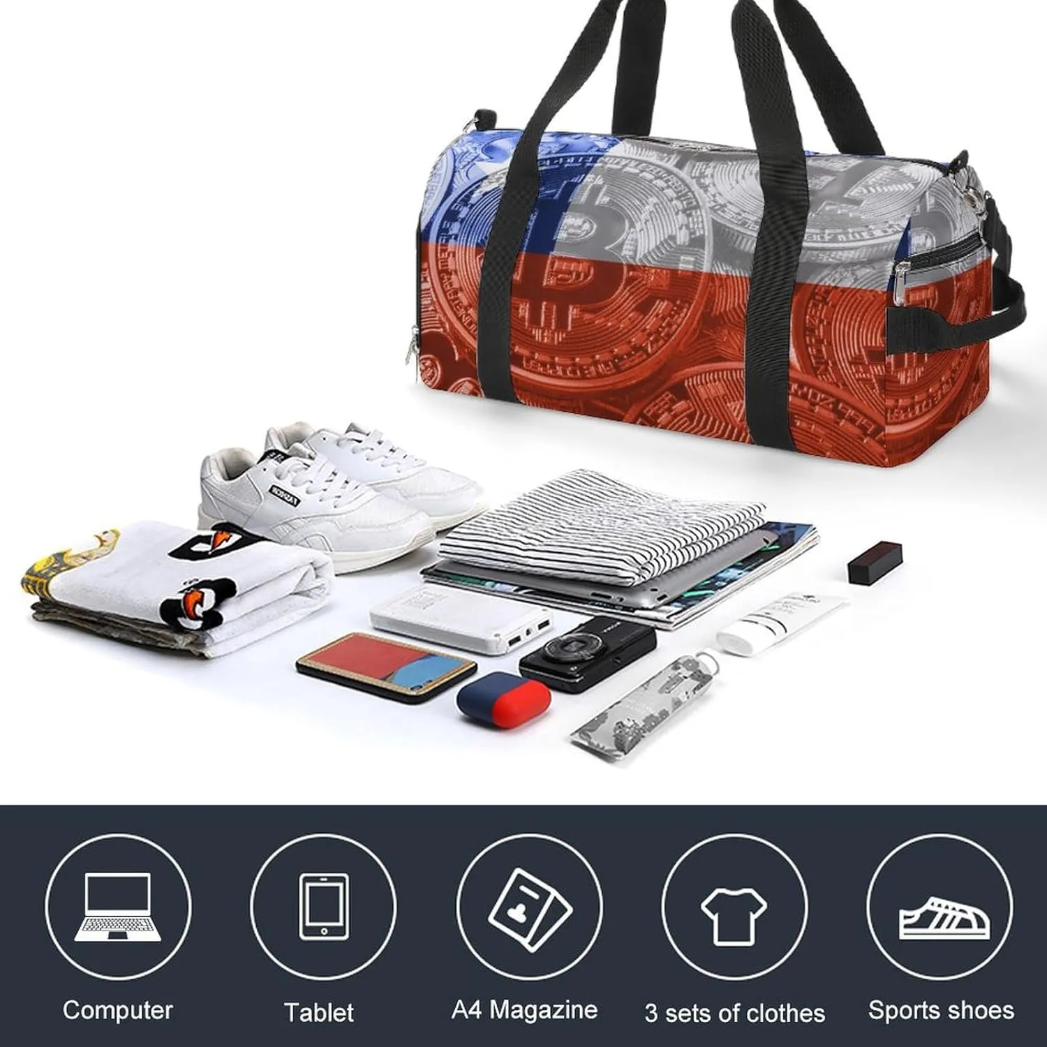 Chile Flag Bitcoin Sports Duffel Bag with Wet Pocket and Shoe Compartment for Gym
