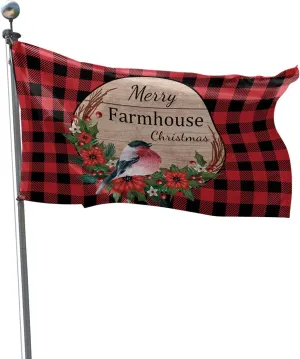 Christmas 5x8ft Outdoor Double Sided Garden Flag Durable Polyester Clear Pattern Vivid Colors Yard Flag Banner for Indoor Outdoor Office Company Boat, Red Black Plaid Farmhouse Flowers and Bird