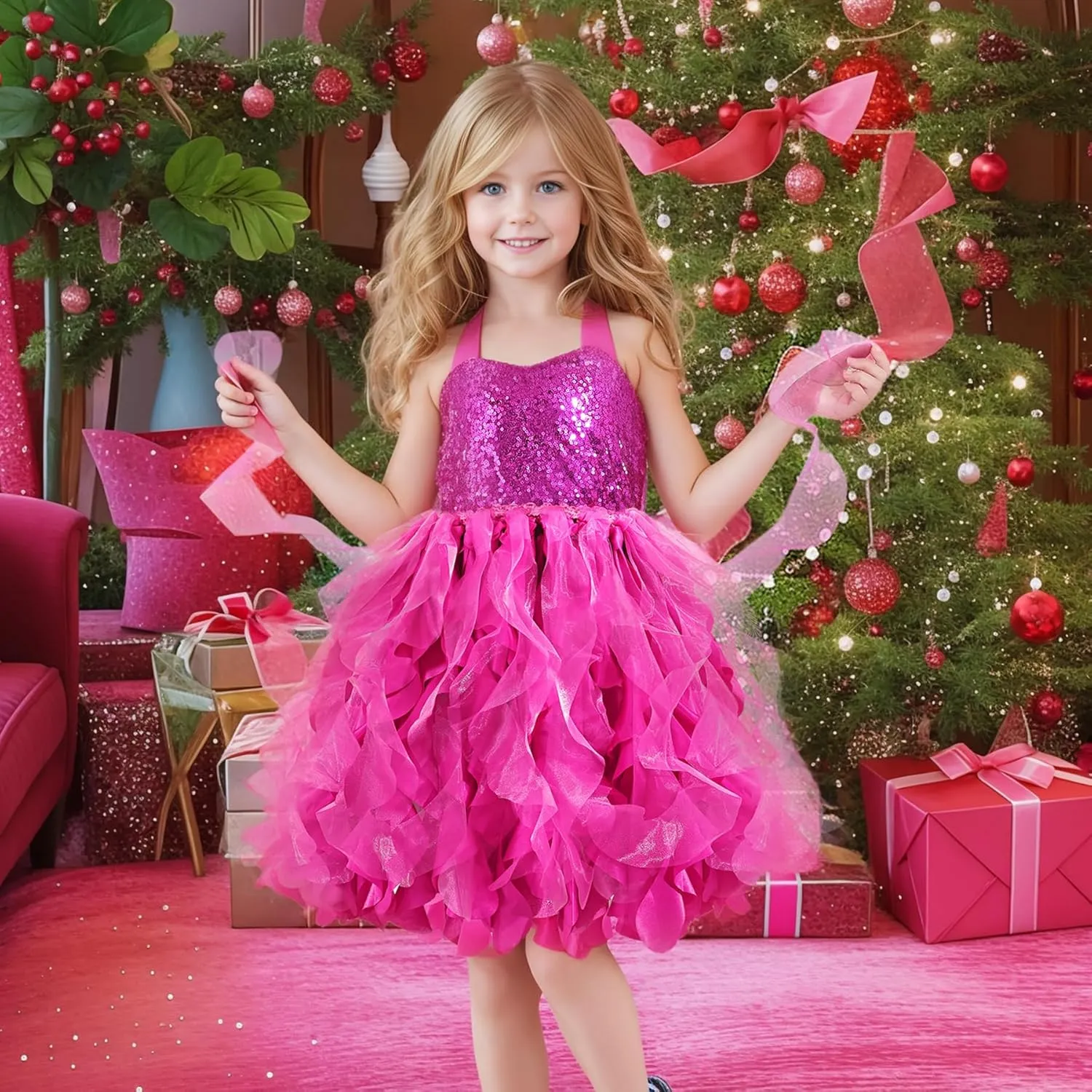 Christmas Tutu Dress for Girls Sequin Tulle Fairy Ball Dresses for Toddler Kid Little Girl Fancy Sparkly Birthday Outfit