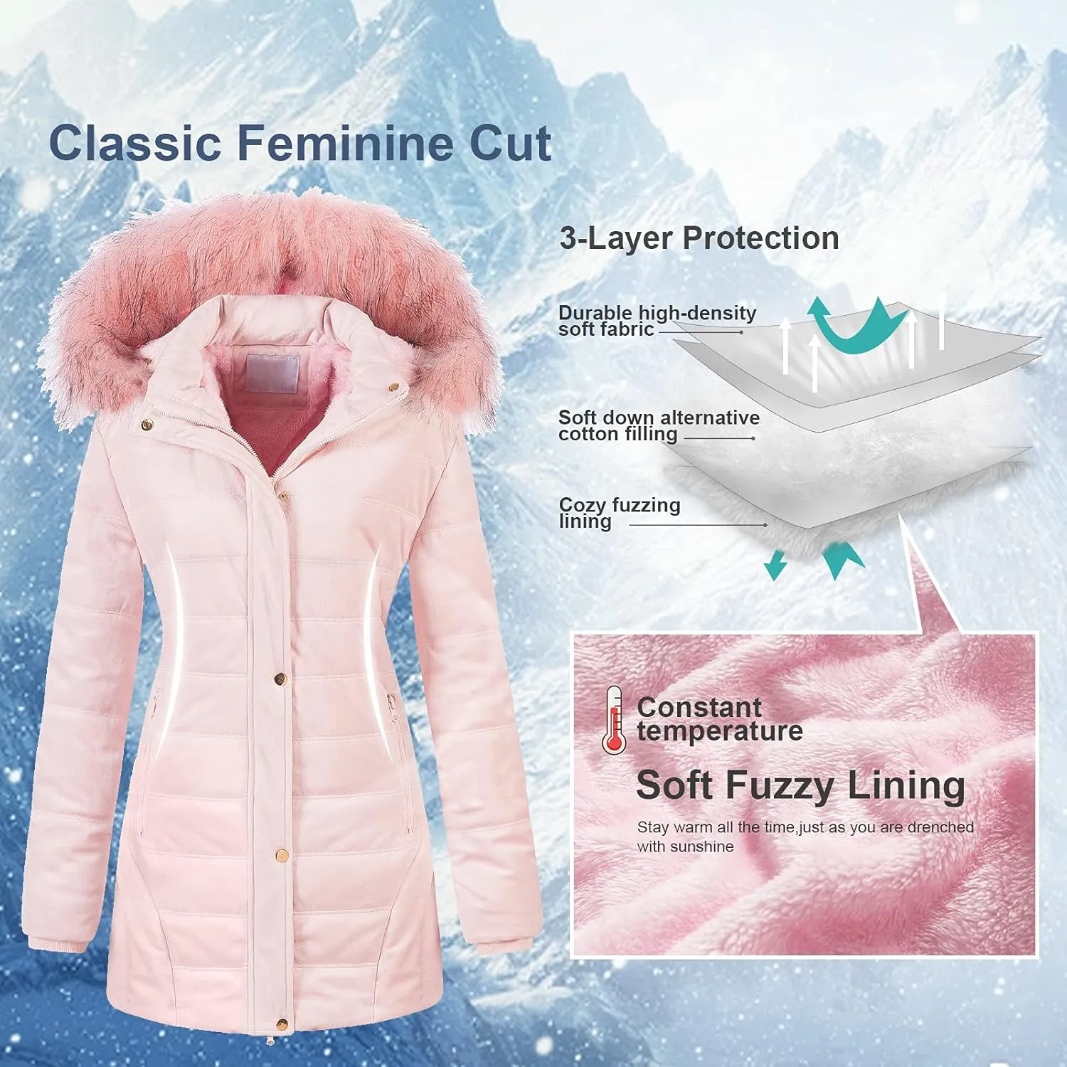 Chrisuno Women's Warm Winter Coat Velvet Puffer Jacket Quilted Faux Fur Hood