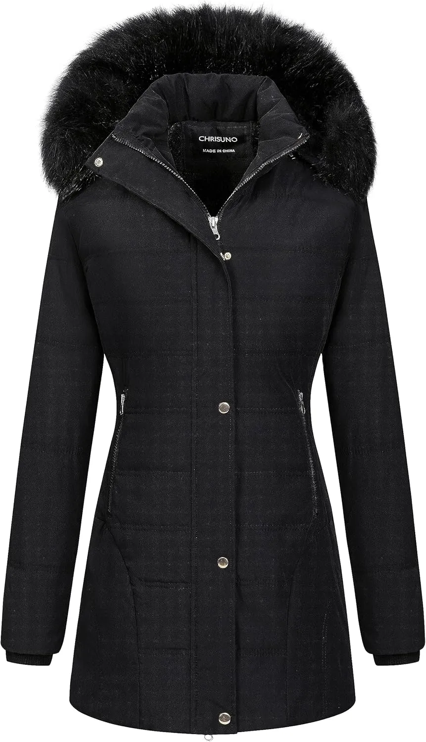 Chrisuno Women's Warm Winter Coat Velvet Puffer Jacket Quilted Faux Fur Hood