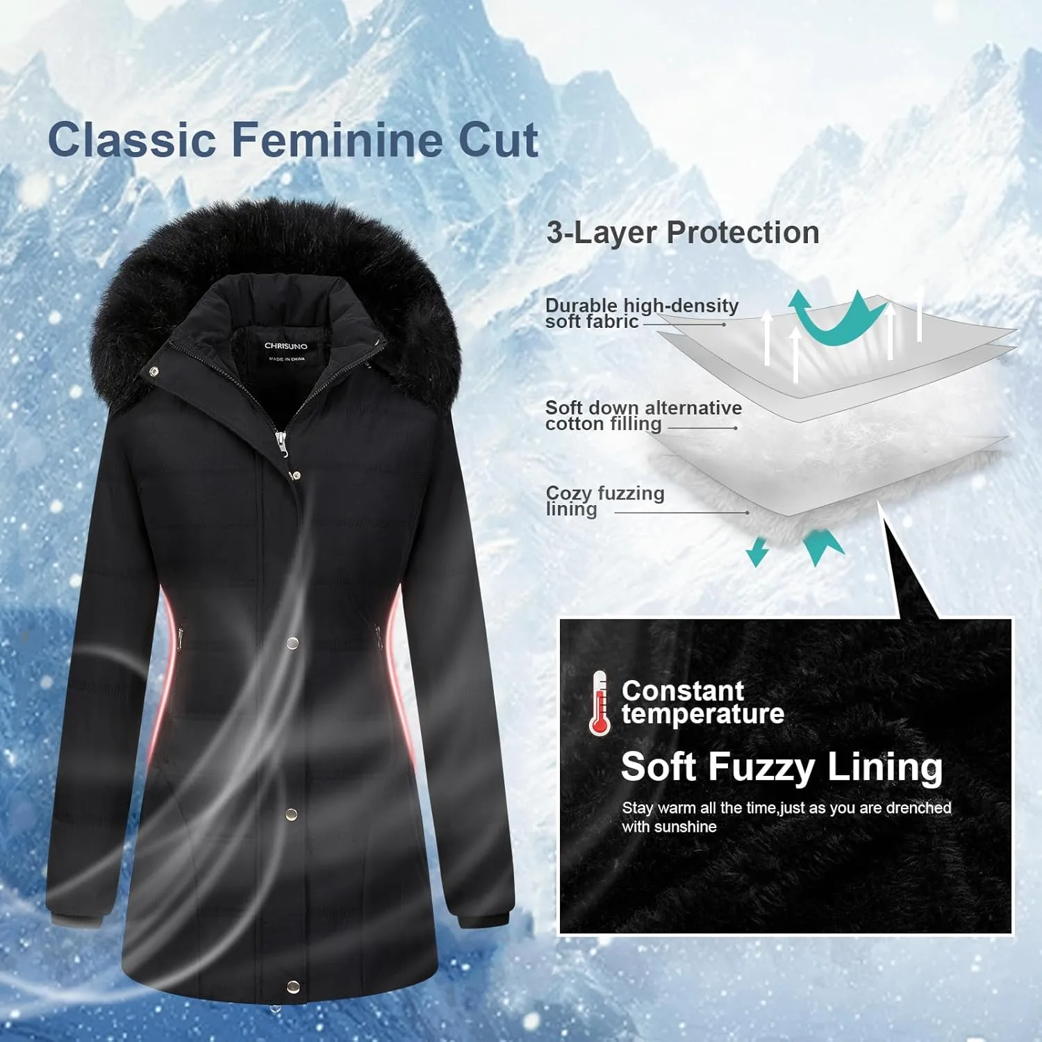 Chrisuno Women's Warm Winter Coat Velvet Puffer Jacket Quilted Faux Fur Hood
