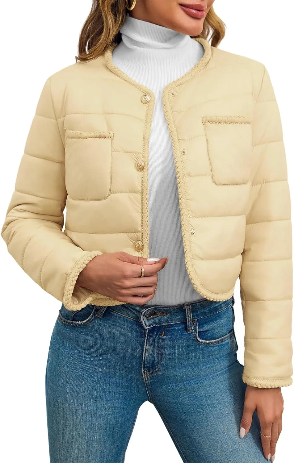 Cicy Bell Womens Cropped Puffer Jackets Quilted Lightweight Collarless Button Down Warm Winter Coats with Pockets