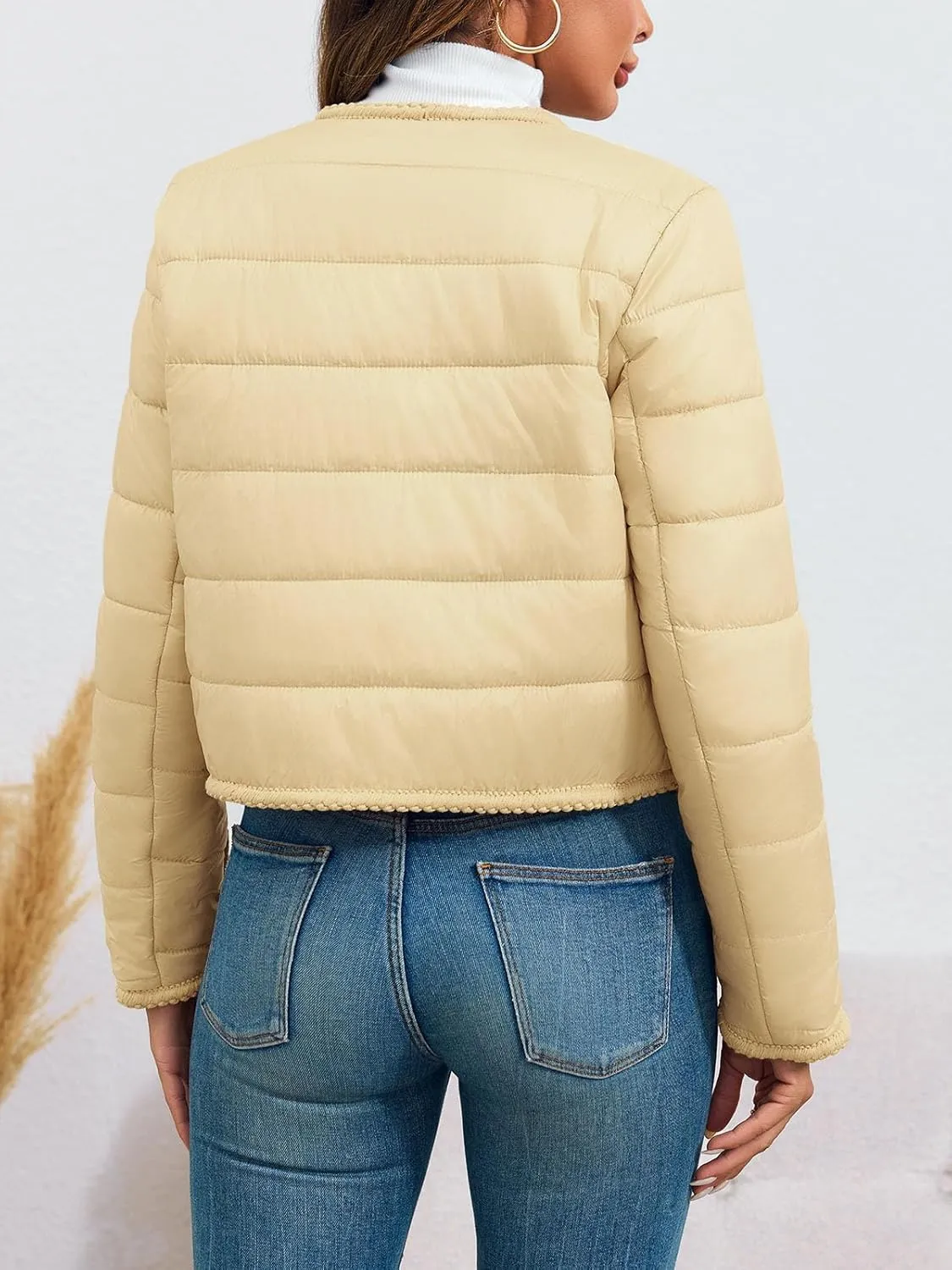 Cicy Bell Womens Cropped Puffer Jackets Quilted Lightweight Collarless Button Down Warm Winter Coats with Pockets