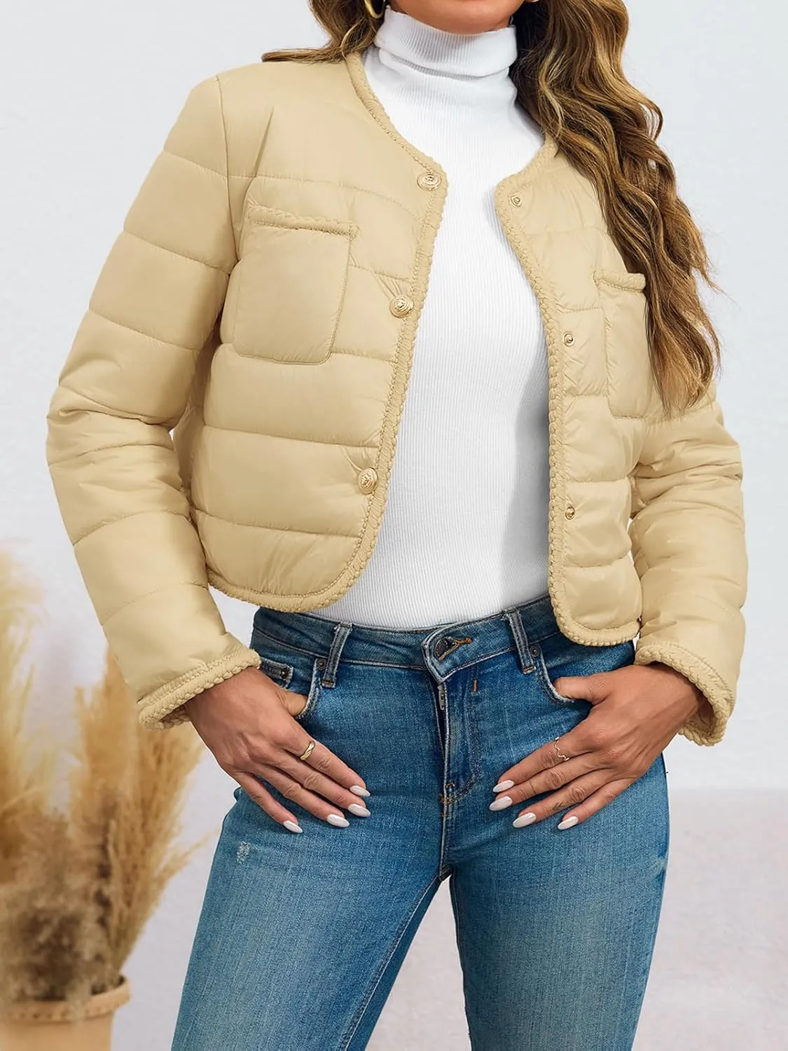 Cicy Bell Womens Cropped Puffer Jackets Quilted Lightweight Collarless Button Down Warm Winter Coats with Pockets