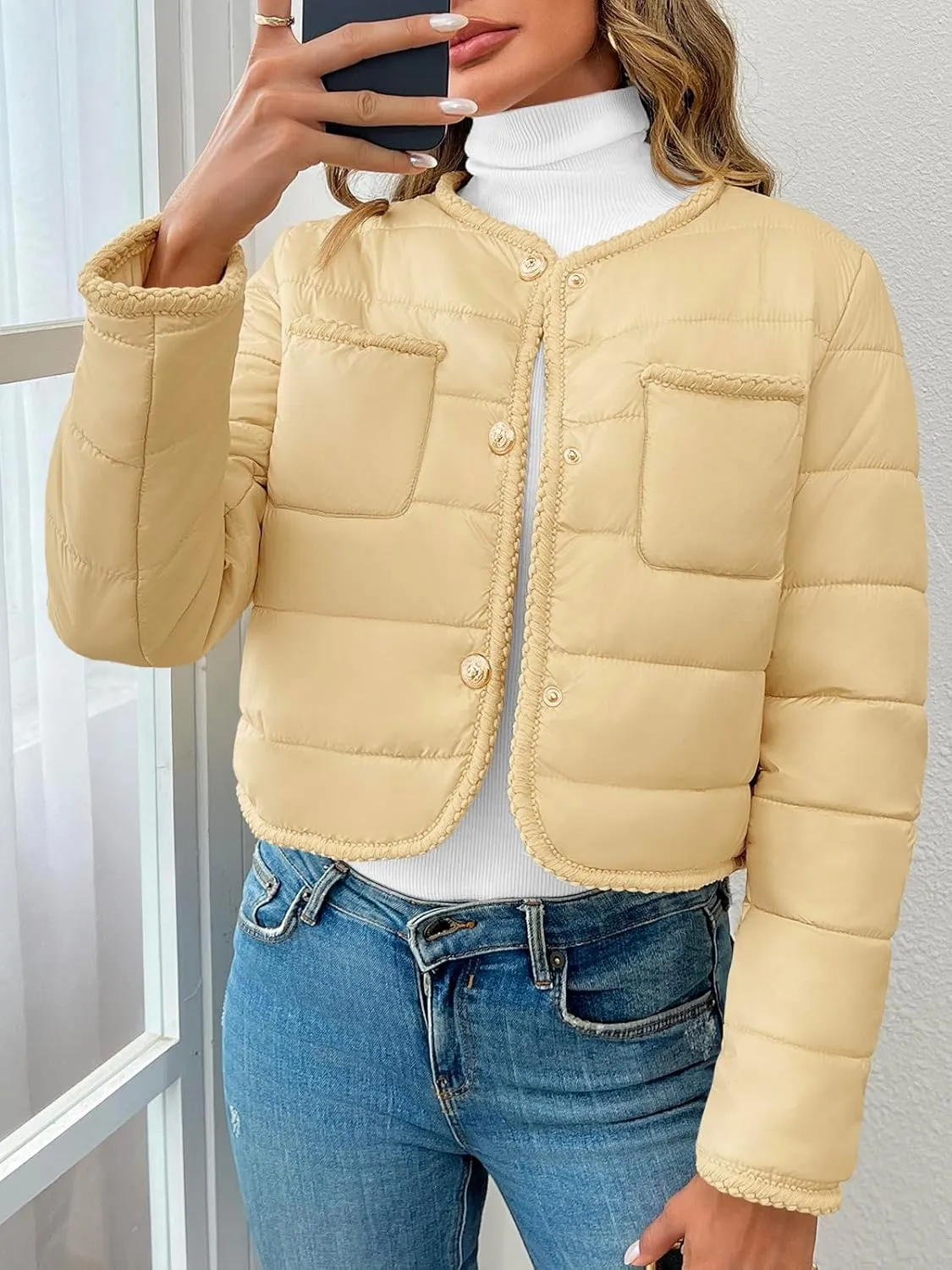 Cicy Bell Womens Cropped Puffer Jackets Quilted Lightweight Collarless Button Down Warm Winter Coats with Pockets