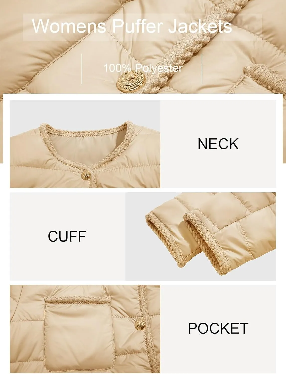 Cicy Bell Womens Cropped Puffer Jackets Quilted Lightweight Collarless Button Down Warm Winter Coats with Pockets